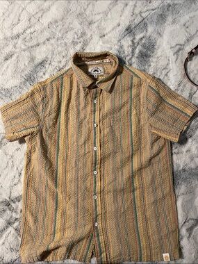 Free Planet Yellow Striped Short Sleeve Button-Down Shirt